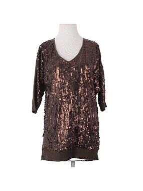 Joan Boyce Top Sz S Brown Sequin V Neck Half Sleeve 100% Acrylic Top